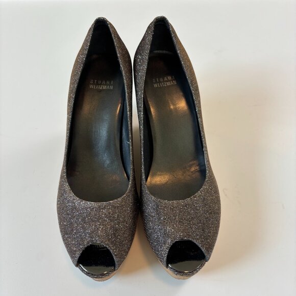 Stuart Weitzman Anna Corkswoon Glitter Wedge Heel Peep Toe Pumps Size 9 Holiday - Picture 3 of 9